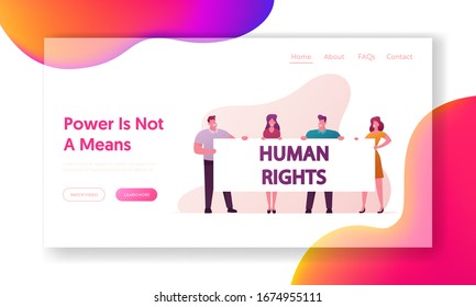 Human Right Landing Page Template. Protesting People with Placards and Signboard on Strike or Demonstration. Characters Stand with Banner on Demonstration Riot, Picket. Cartoon Vector Illustration