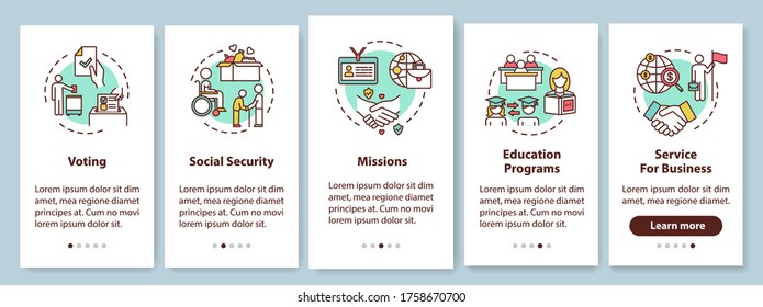 Human right onboarding mobile app page screen with concepts. Business and education. Embassy services walkthrough 5 steps graphic instructions. UI vector template with RGB color illustrations