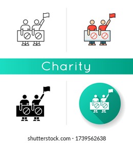 Human right protection icon. People protest. Public demonstration. Activist fight for freedom. Picket to raise awareness. Linear black and RGB color styles. Isolated vector illustrations