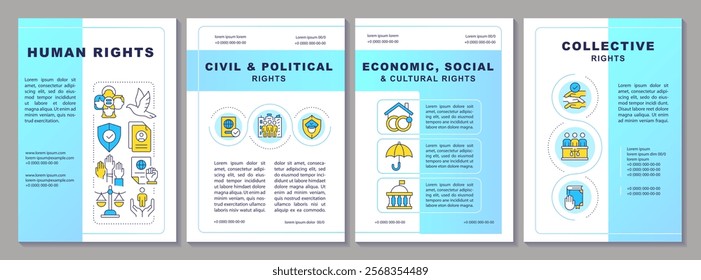 Human right types brochure template. Civil liberties, social justice. Security, privacy. Leaflet design with linear icons. Editable 4 vector layouts