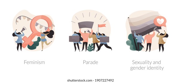Conjunto de ilustraciones vectoriales de concepto abstracto de derechos humanos. Feminismo, desfile y marcha pacífica, evento masivo, sexualidad e identidad de género, poder femenino, igualdad de derechos, movimiento LGBT metáfora abstracta.