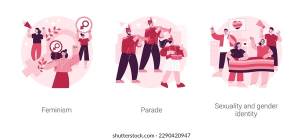 Abstraktes Konzept der Menschenrechte, Vektorgrafik-Set. Feminismus, Parade und friedlicher Marsch, Massenveranstaltungen, Sexualität und Geschlechtsidentität, Mädchenmacht, Gleichberechtigung, abstrakte Metapher der LGBT-Bewegung.