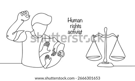 A human rights activist holds a shield in his hand, on which hands are drawn as a symbol of human rights. He fights against injustice and helps victims of violations of the law or discrimination.