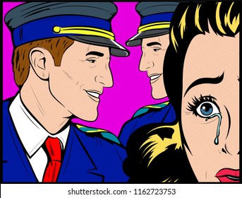 Human Rights - Arrest police. Two handsome professional secret service agent looking for crying criminal woman. Retro Vintage comic Pop Art - Vector