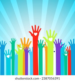 Human Rights card of colorful people hand prints. Design for celebration the Human Rights Day with recover better - stand up for human right theme. Web banner for social equality. 