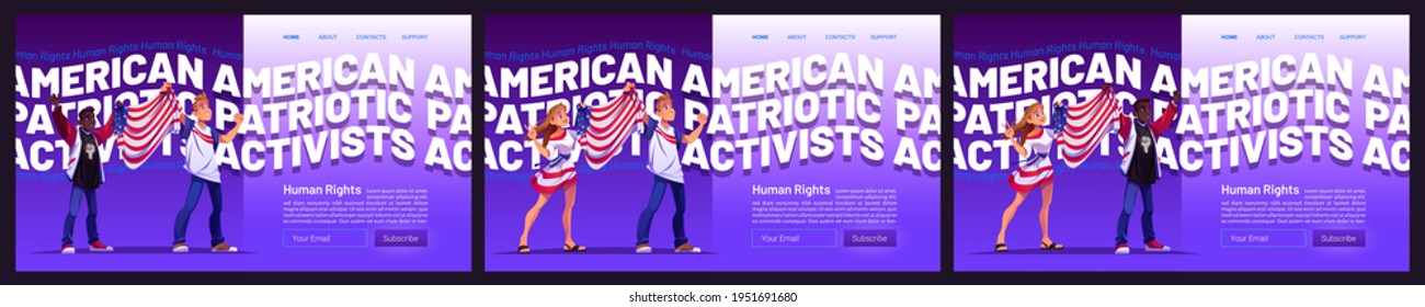 Human rights cartoon landing pages with multiracial people hold Usa flag. American patriotic activists movement. White and black skin women or men protest on demonstration riot, vector web banners set