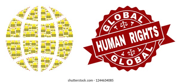 Human rights collage of yellow vest global map of world and seal template. Global map of world collage created for Gilet Jaunes protest illustrations.