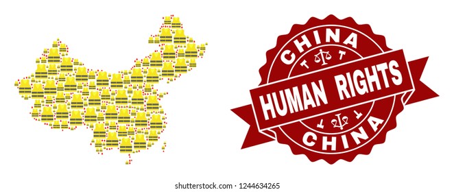 Human rights collage of yellow vest map of China and seal template. Map of China collage formed for Gilet Jaunes protest illustrations.