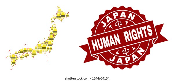 Human rights composition of yellow vest map of Japan and stamp template. Map of Japan collage composed for Gilet Jaunes protest illustrations.
