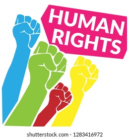 Human Rights concept. colorful of human fist hand raise up to the sky with quotes tag Human Rights. vector illustration