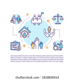 Human rights concept icon with text. Human freedoms. Social and cultural rights. Equality at workplace. PPT page vector template. Brochure, magazine, booklet design element with linear illustrations