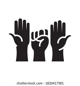 human rights concept, revolution hands up icon over white background, silhouette style, vector illustration