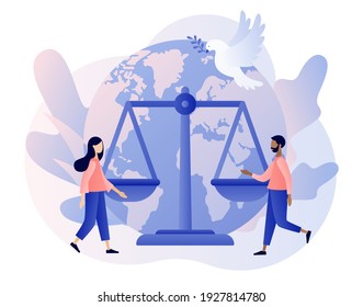 Human Rights Concept. World Social Justice Day. Scales As Symbol Of Equality, Freedom And Love. Tiny People For Tolerance And Respect.Modern Flat Cartoon Style. Vector Illustration On White Background