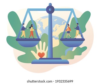 Human rights concept. World Social justice day. Big scales as symbol of equality, freedom and love. Tiny people for tolerance and respect. Modern flat cartoon style. Vector illustration 