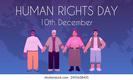 Human Rights Day, 10th December poster. People holding hands in row, standing together. Community, social unity, solidarity concept. Celebration tolerance manifest or demonstration on world map