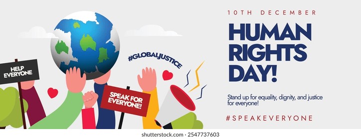 Human rights day. 10th December Human rights cover banner with hands holding earth globe, charts with text: Help everyone . The day recalls adoption of the Universal Declaration of Human Rights.