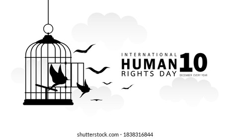 Human Rights Day concept. International peace. December 10, every year. Bird's silhouette is flying out of the cage, design on the sky background.
Black and white. Cartoon style. Vector illustration.