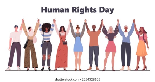 Human Rights Day. December 10th. Group of young  men and women standing together and holding hands. Peace.Human rights concept.Vector illustration. Not AI generated