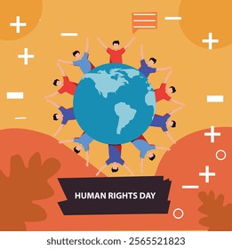  A Human Rights Day design featuring a globe with people holding hands around it, symbolizing unity, equality, and the importance of protecting human rights worldwide