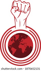 Diseño de vectores de derechos humanos. El globo rojo con el puño de los manifestantes encima. Fondo transparente, aislado en blanco.
