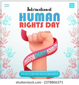 Human Rights Day, fist holding a ribbon saying human rights with colorful handprint frame. 3d vector suitable for events