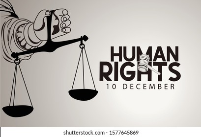 Human Rights Day with hand on white background 