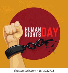 Human rights day illustration with raised hand breaks the chain