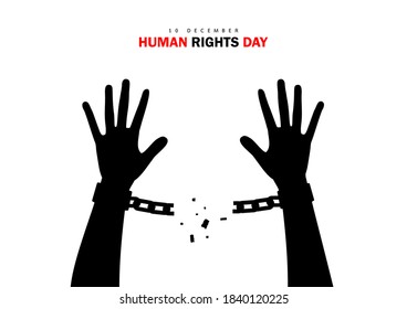 Human rights day. International peace. Silhouette of hand is breaking chain. Concept of freedom from oppression, slavery, equality. Cartoon flat style design on white background. Vector illustration.