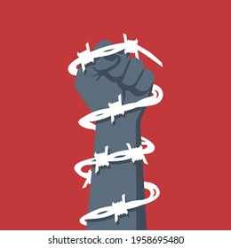 Human Rights Day. Landing page template, banner with text for human freedom day. Celebration December 10th. Hands move apart barbed wire for freedom. Symbol freedom. Vector illustration flat design. 