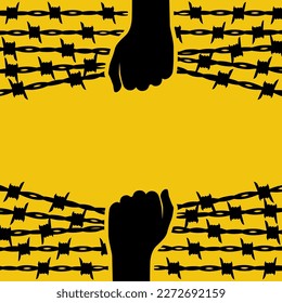 Human Rights Day. Landing page template, banner with text for human freedom day. Celebration December 10th. Hands move apart barbed wire for freedom. Symbol freedom. Vector illustration flat design. 