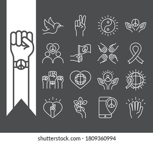 human rights day, line icons set design, included raised hand dove peace ribbon heart vector illustration