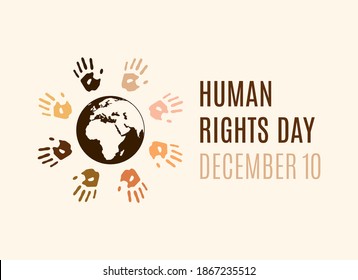 Human Rights Day Poster with human hands with different skin colors silhouette vector. Colorful handprints around the planet earth vector. Different colored handprints vector. Important day