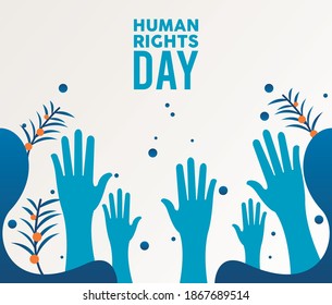 human rights day poster with hands up silhouette vector illustration design