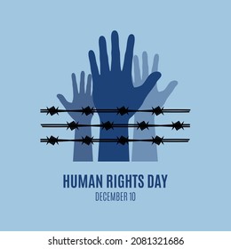 Human Rights Day Poster with human hands up behind barbed wire vector. Raised hands silhouette icon vector. Human Rights Day banner, December 10. Important day