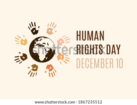 Human Rights Day Poster with human hands with different skin colors silhouette vector. Colorful handprints around the planet earth vector. Different colored handprints vector. Important day