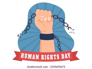 Human Rights Day Template Hand Drawn Flat Cartoon Illustration with Hands Raised Breaking Chains or Holding Hand Design