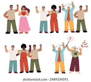 Human rights defender. Set of vector characters at various meetings with loudspeakers, raised fists and breaking chains in defense of rights. Flat style on isolated background.