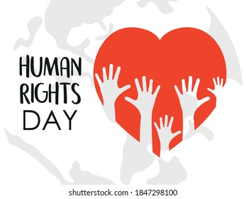 human rights design with red heart and hands up over white background, colorful design, vector illustration