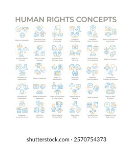 Human rights duo tone concept icons. Law freedom, justice. Social equality, democracy. Icon pack. Round two color outline illustration for infographic, presentation. Abstract vector design