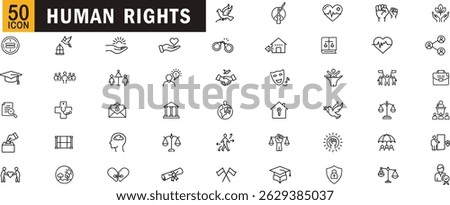 Human rights editable outline icon set. Equality, freedom, justice, healthcare, education and more.