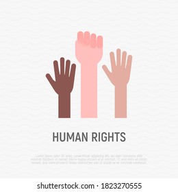 Human rights flat icon. Raised hands. Tolerance, protest, anti-racism movement. Vector illustration.