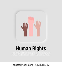 Human rights flat icon. Raised hands. Tolerance, protest, anti-racism movement. Vector illustration.