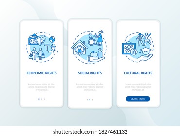 Human rights groups onboarding mobile app page screen with concepts. Social and cultural rights. Walkthrough 3 steps graphic instructions. UI vector template with RGB color illustrations