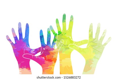 Human rights. Hands up with rainbow watercolor stains. Volunteers and the community. Union and friendship of different people. Vector illustration for articles, cards and your design.