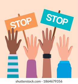 Human rights with hands up and stop banners design, Manifestation protest and demonstration theme Vector illustration