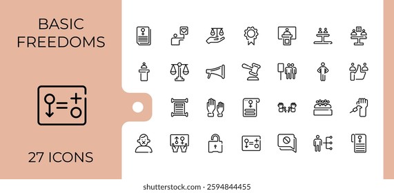 Human Rights icon set. Contains linear outline icons like discrimination, protection, hand, voting, donation and more. Simple line vector. Minimalist vector collections.
