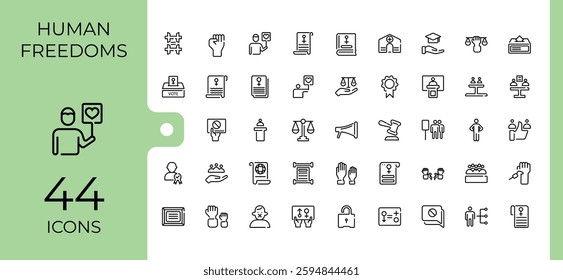 Human Rights icon set. Contains linear outline icons like discrimination, protection, hand, voting, donation and more. Simple line vector. Minimalist vector collections.