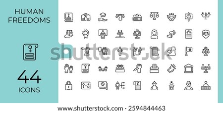 Human Rights icon set. Contains linear outline icons like discrimination, protection, hand, voting, donation and more. Simple line vector. Minimalist vector collections.