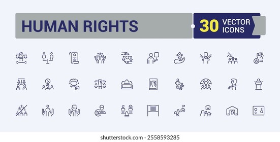 Human Rights line icon collections. Contains related to education, equal, linearity, donation, work and more. Modern thin icons. Editable vector stroke.