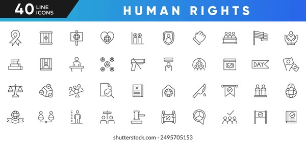 Human rights line icon set. Ordering, consciousness, regulation, social group, diversity, judge, communication, equality of rights, charity, and no war outline icon collection. UI thin icons pack